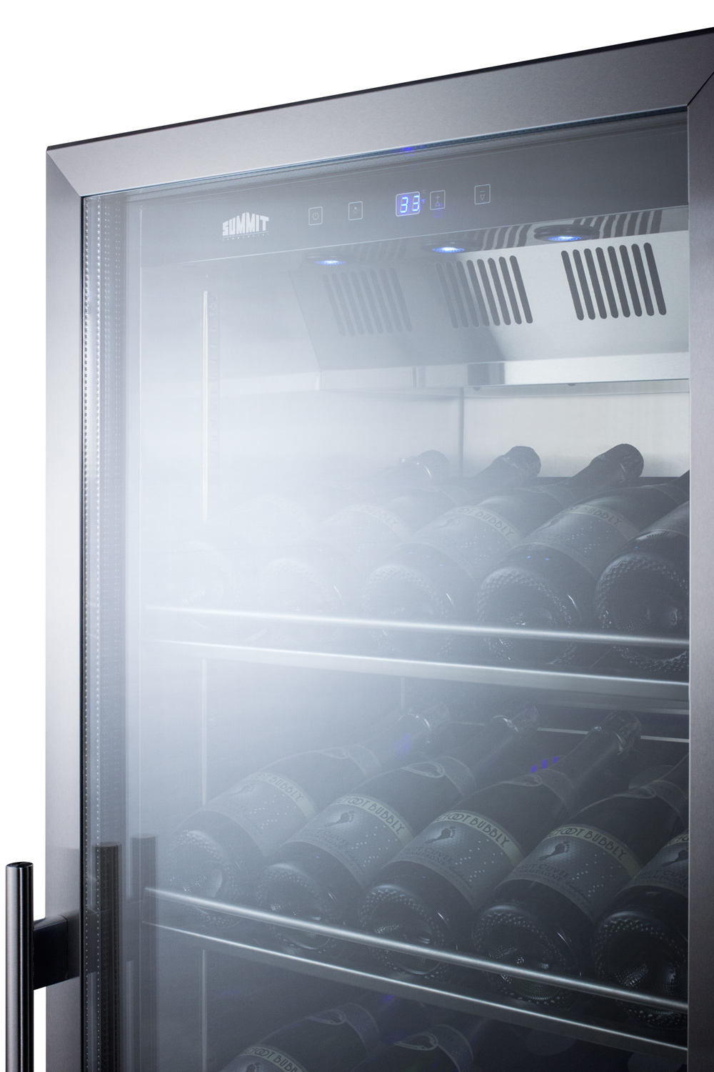 Full-size commercially listed wine cellar with stainless steel interior, champagne shelving, digital controls, self-closing glass door, and stainless steel cabinet